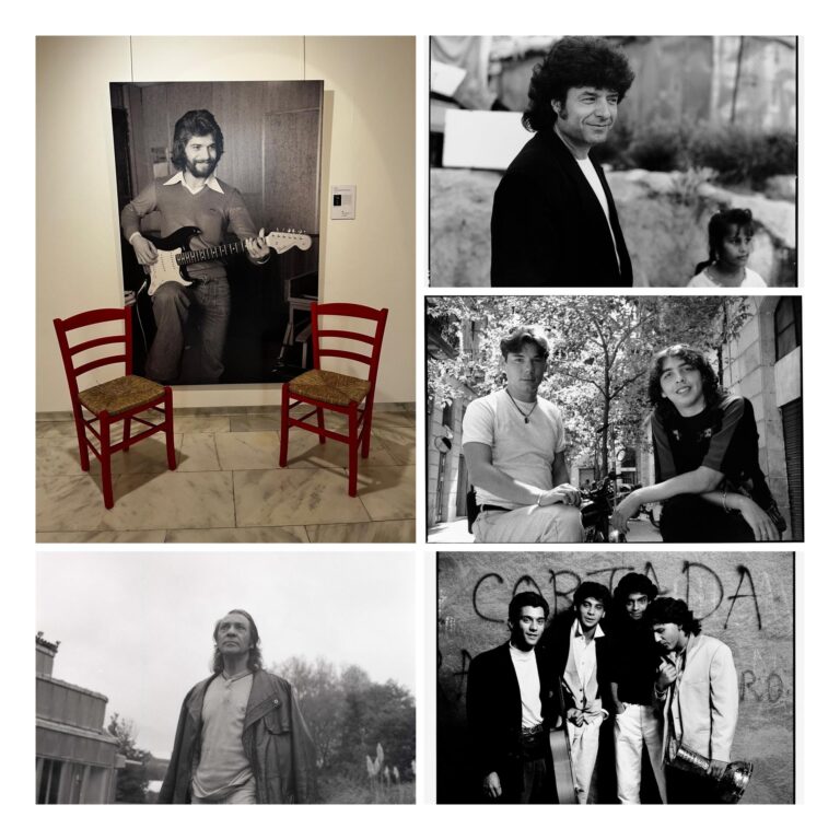 En el sentido de las agujas del reloj, Camarón, Morente, Miguel Poveda y Antonio Vargas, La Barbería del Sur y Pepe Habichuela captados por el objetivo de Mario Pacheco