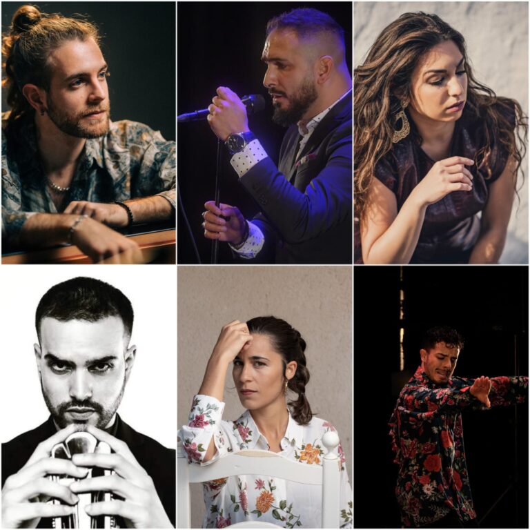 El pianista Andrés Barrios, el cantaor Rafael de Calli, la bailadora Nazareth Reyes, Fermín Fernández, guitarrista, Laura Marchal, cantaora, y el bailador Juan Tomás de la Molía. (De izq. a der. y de arriba a abajo)