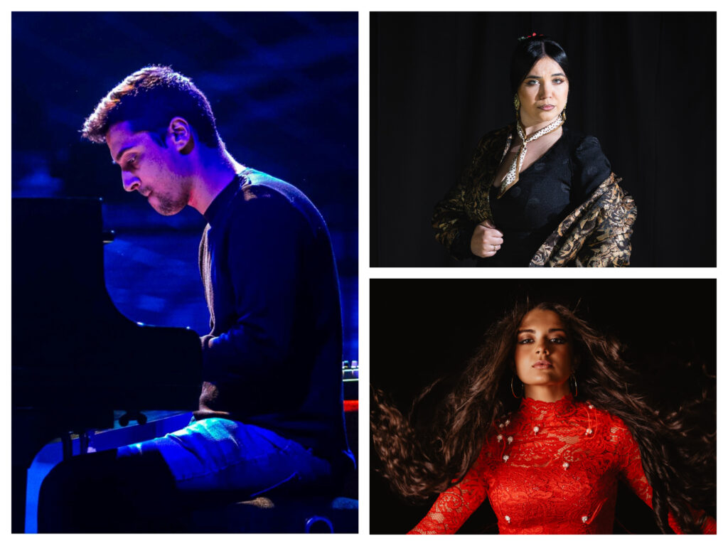 El pianista José Luís Kaele (izquierda), la bailaora Irene Morales (arriba) y la cantaora Reyes Carrasco (abajo)