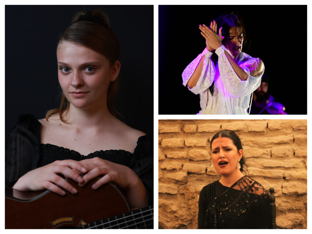 La guitarrista Andjela Misic (izquierda), la bailaora Nerea Carrasco (arriba) y la cantaora Esperanza Garrido (abajo)