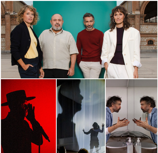 Arriba, elenco de Filosofía mundana, abajo, de izq. a dcha. imágenes de escena de Eclipse, Boira y Pródigo