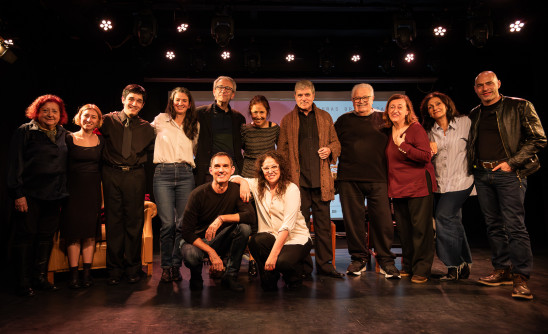 Los dramaturgos Juan Carlos Rubio y Néstor Roldán y la autora Itziar Pascual con el equipo de AGADU en Uruguay este septiembre