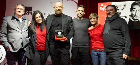 De izda a dcha: Juan José Solana (presidente de Fundación SGAE), Malena Gila (hija de Miguel Gila), Goyo Jiménez (ganador de la primera edición), David Guapo y Sara Escudero(jurado) y Antonio Onetti (presidente de SGAE) en la entrega del Premio SGAE de Humor Miguel Gila 2024